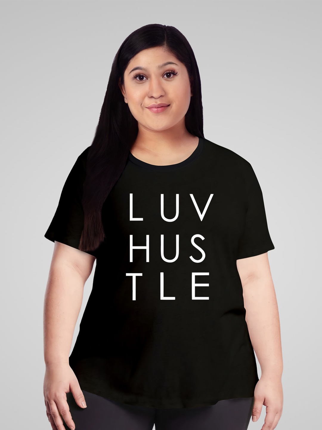

Pootlu Plus Size Women Black Typography Printed Cotton T-shirt