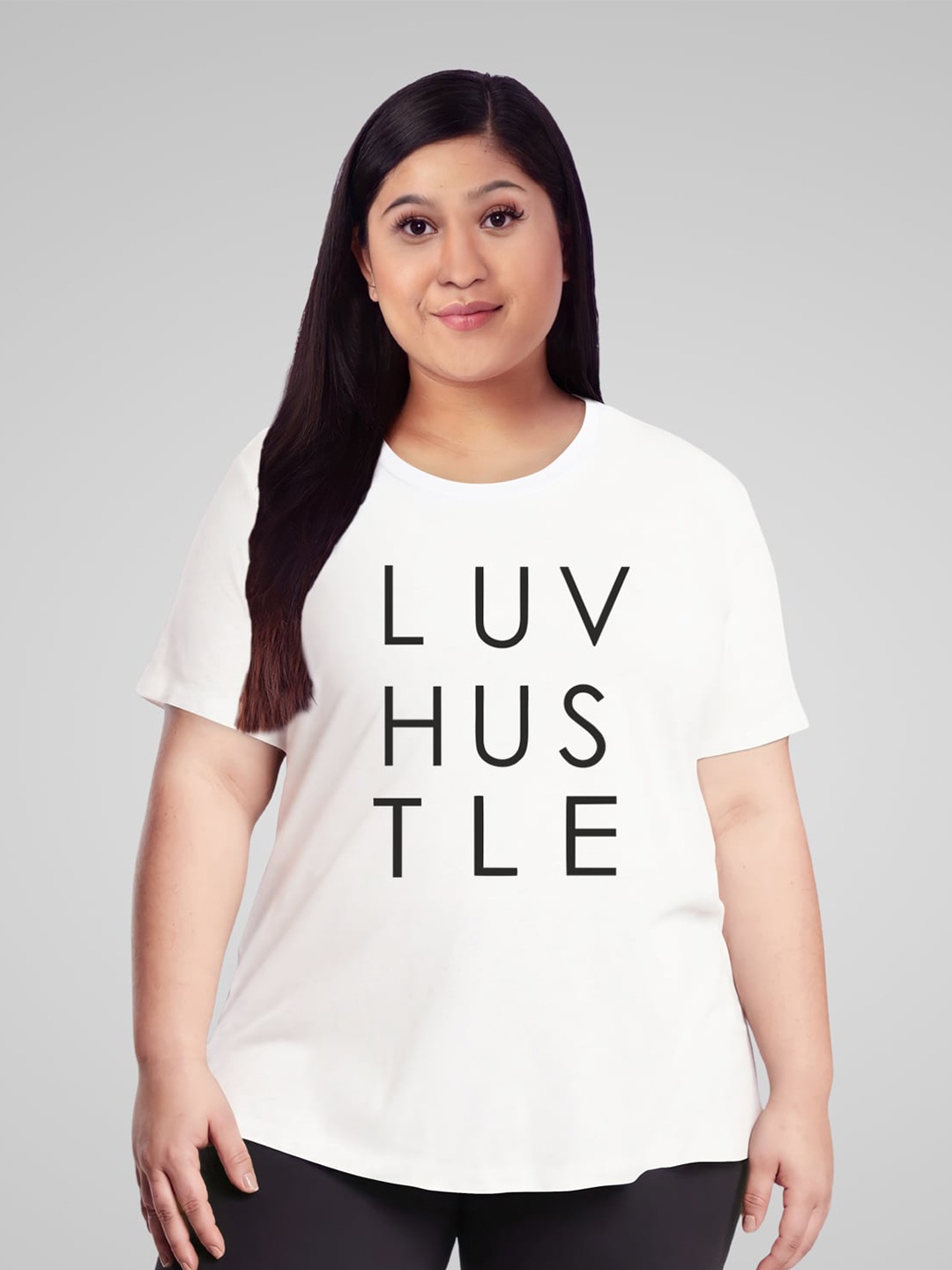 Pootlu Plus Size Women White Typography Printed Cotton T-shirt