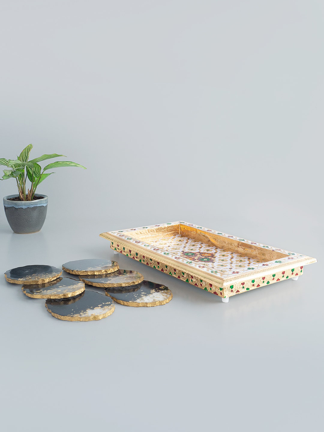 

Golden Peacock Set Of 6 Multi-Coloured Coasters & Serving Tray