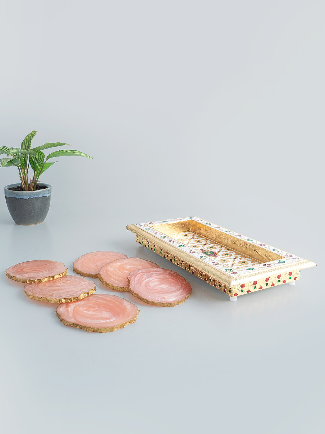

Golden Peacock Set Of 6 Pink & Gold-Toned Coasters With Serving Tray