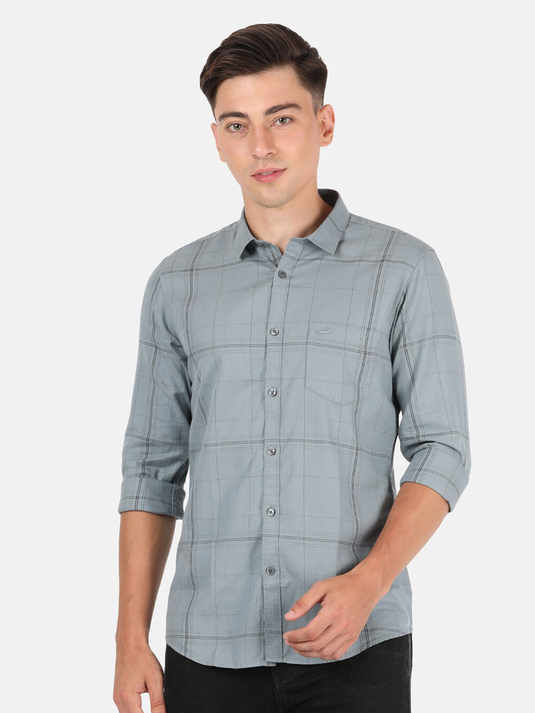 

Crocodile Men Grey Classic Slim Fit Windowpane Checked Casual Shirt