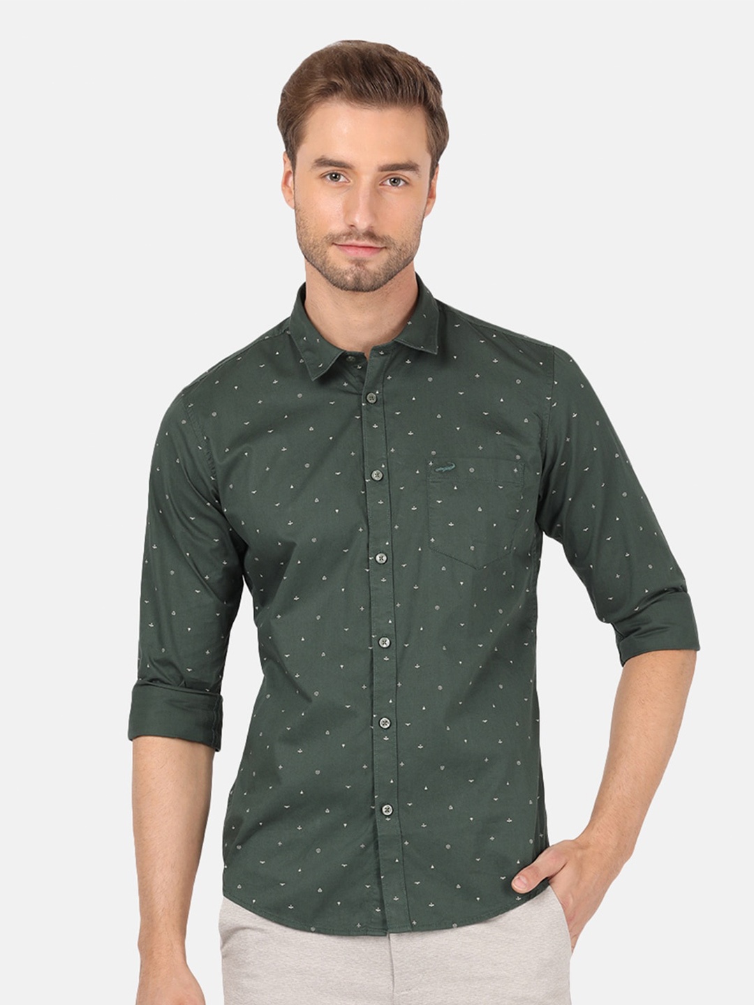 

Crocodile Men Green Classic Slim Fit Printed Cotton Casual Shirt