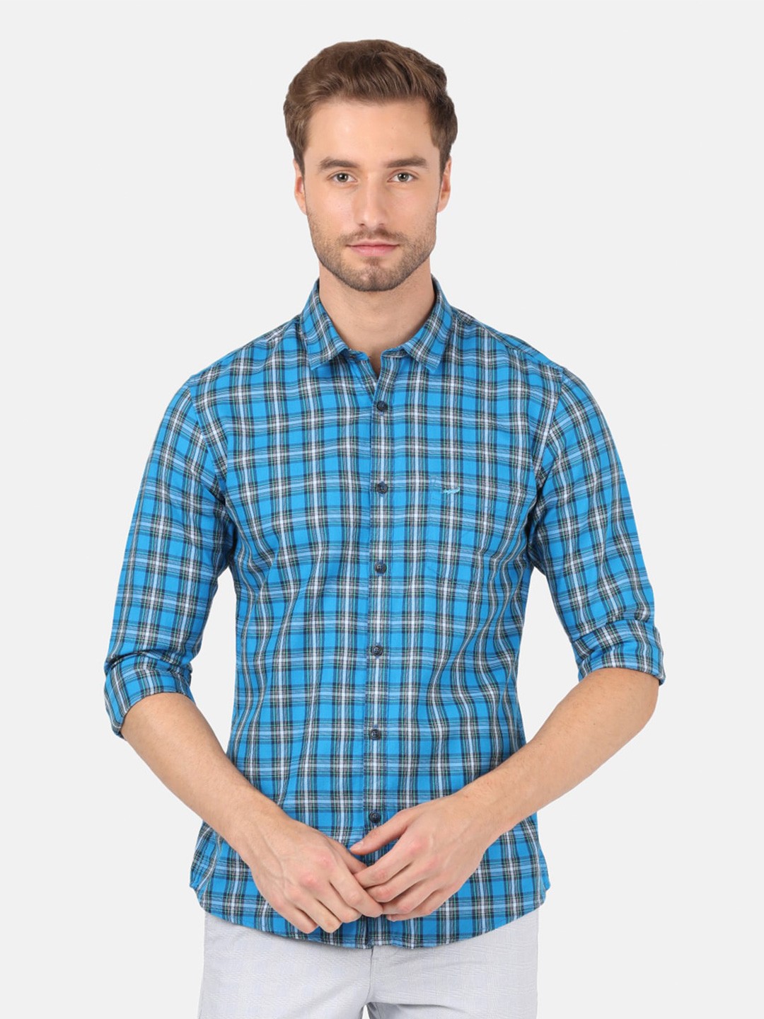 

Crocodile Men Blue Classic Slim Fit Checked Cotton Casual Shirt