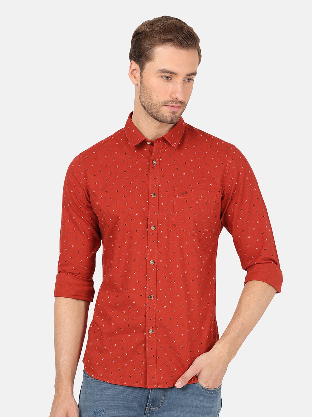 

Crocodile Men Red Classic Slim Fit Micro Ditsy Printed Cotton Casual Shirt