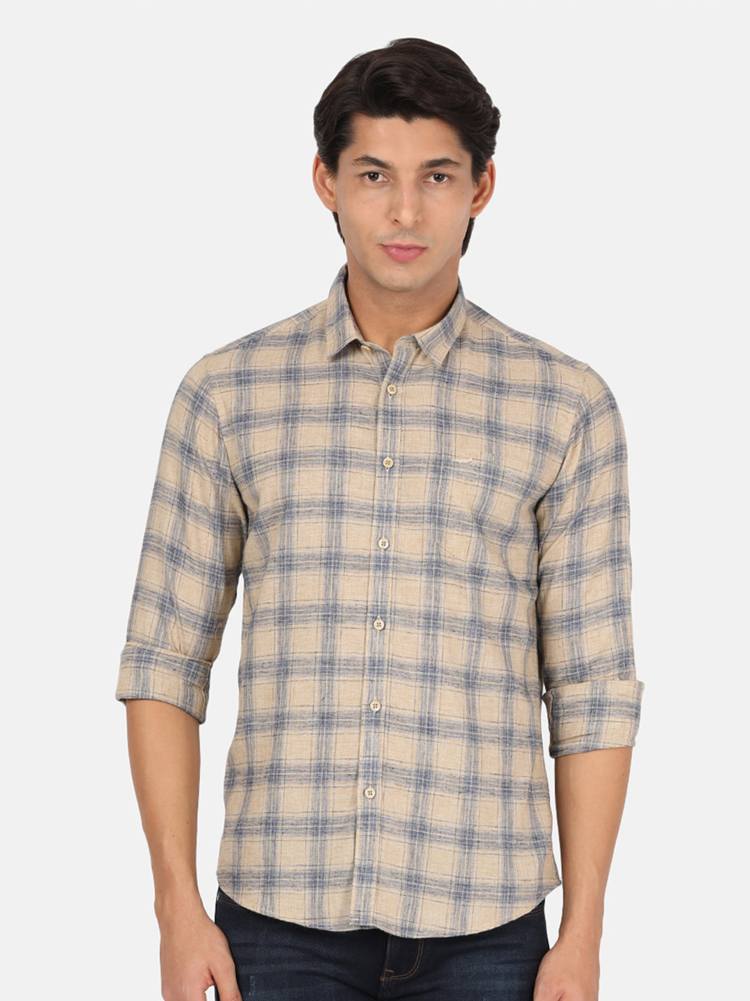 

Crocodile Men Beige Classic Checked Casual Shirt