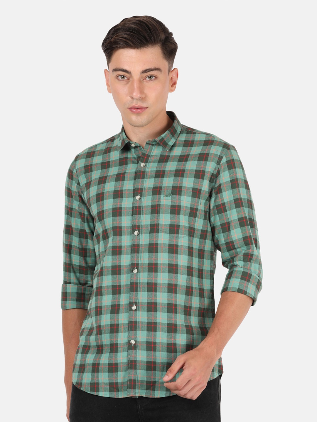 

Crocodile Men Green Classic Slim Fit Buffalo Checked Cotton Casual Shirt