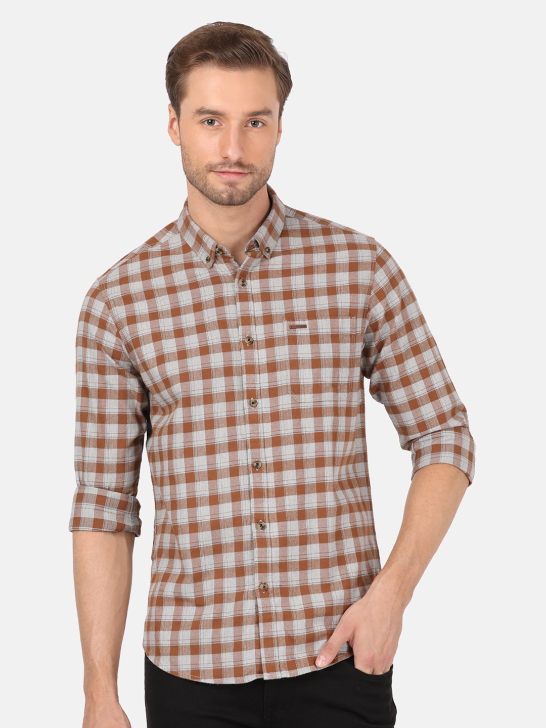 

Crocodile Men Brown Classic Checked Cotton Casual Shirt