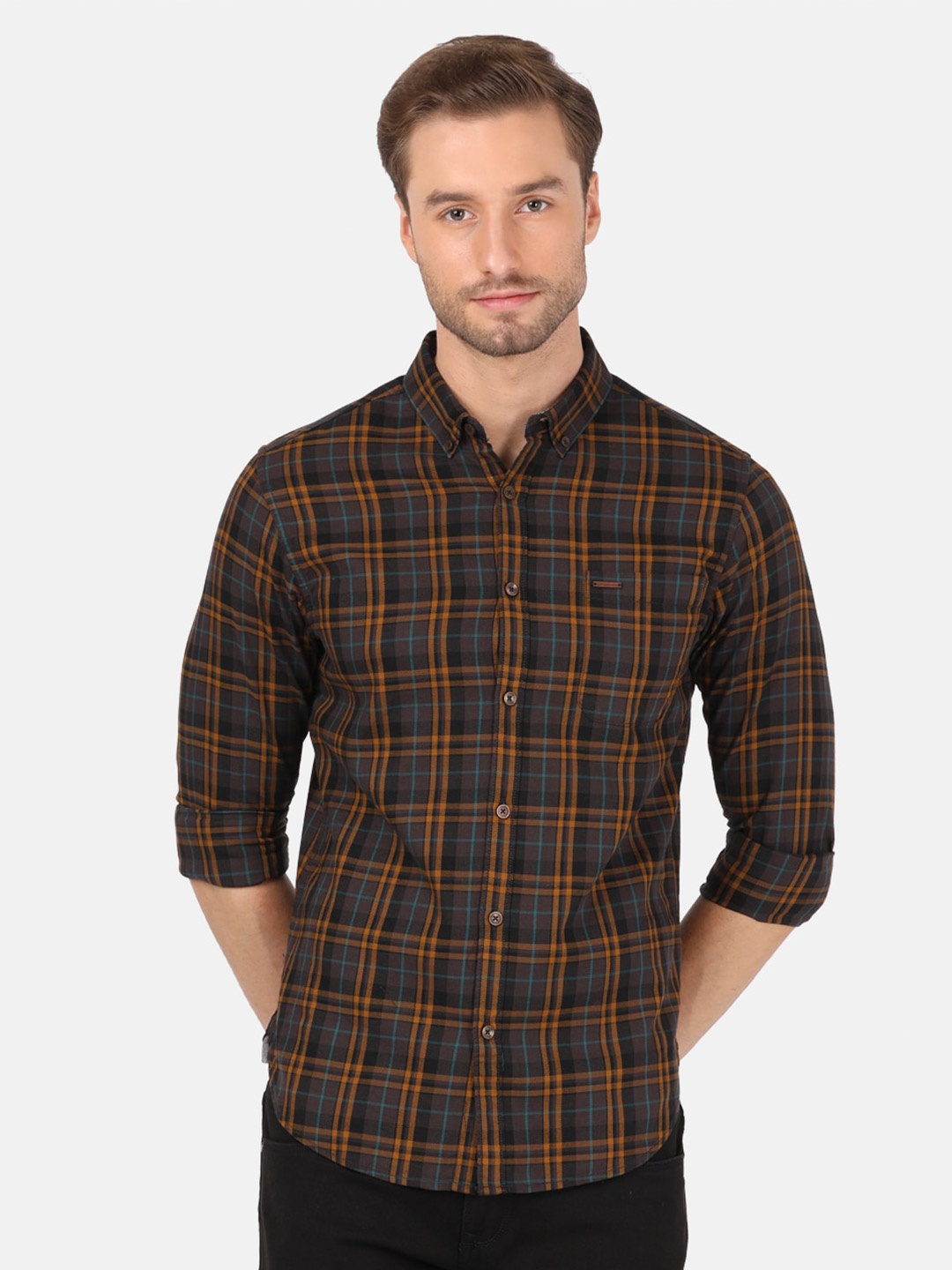 

Crocodile Men Brown & Orange Classic Tartan Checked Casual Shirt