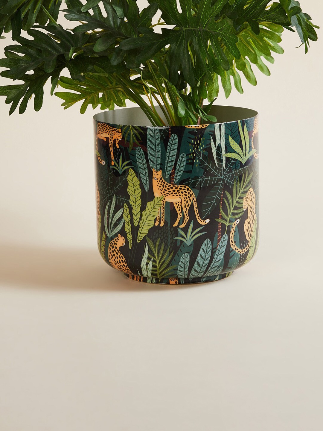 

Home Centre Green & Yellow Printed Metal Planter