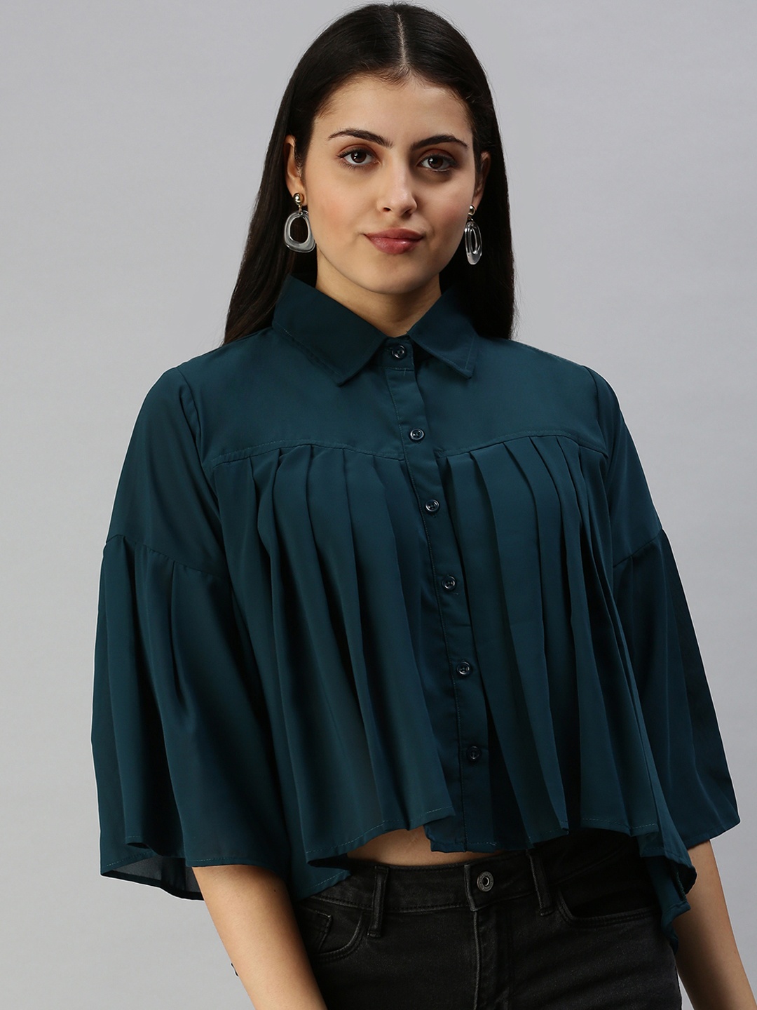 

SHOWOFF Teal Green Georgette Shirt Style Crop Top