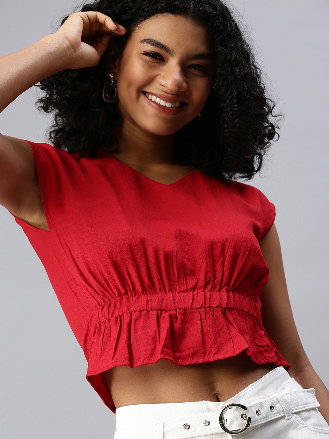 

SHOWOFF Red Cinched Waist Crop Top