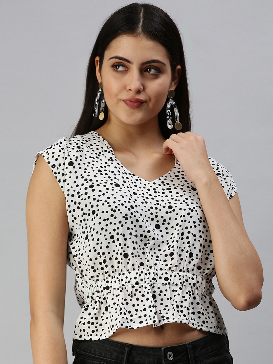 

SHOWOFF White & Black Printed Georgette Cinched Waist Crop Top