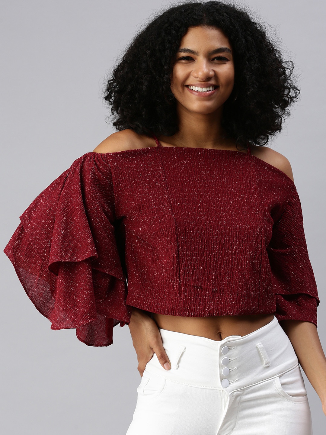 

SHOWOFF Women Maroon Off-Shoulder Crop Top