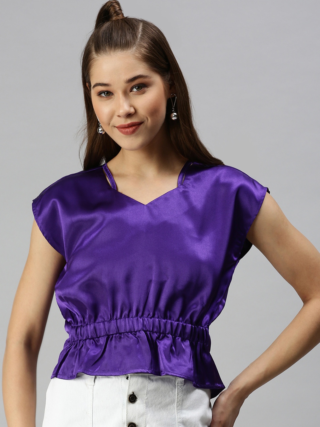 

SHOWOFF Women Violet Sweetheart Neck Extended Sleeves Cinched Waist Top