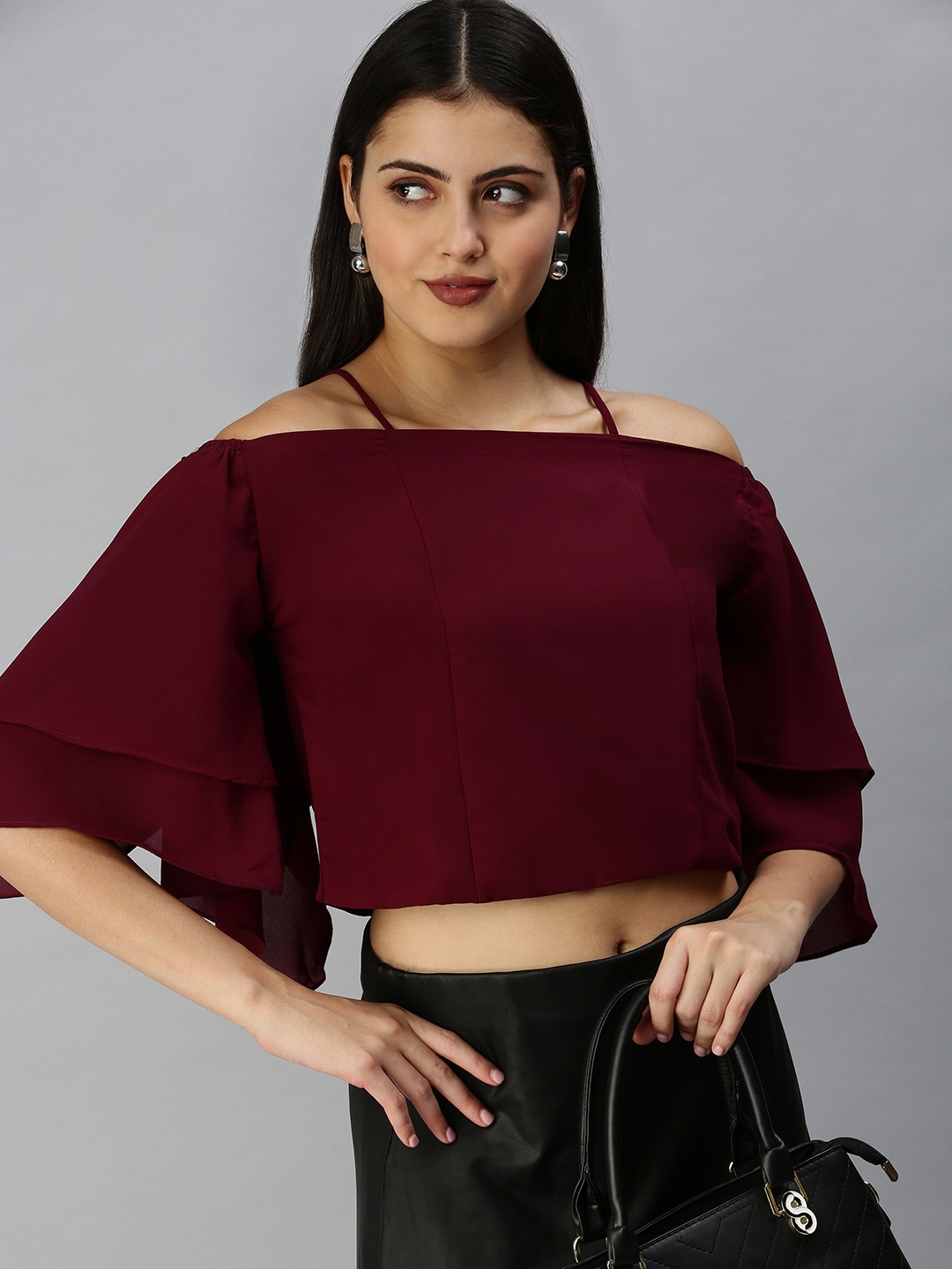 

SHOWOFF Women Magenta Crepe Bardot Crop Top