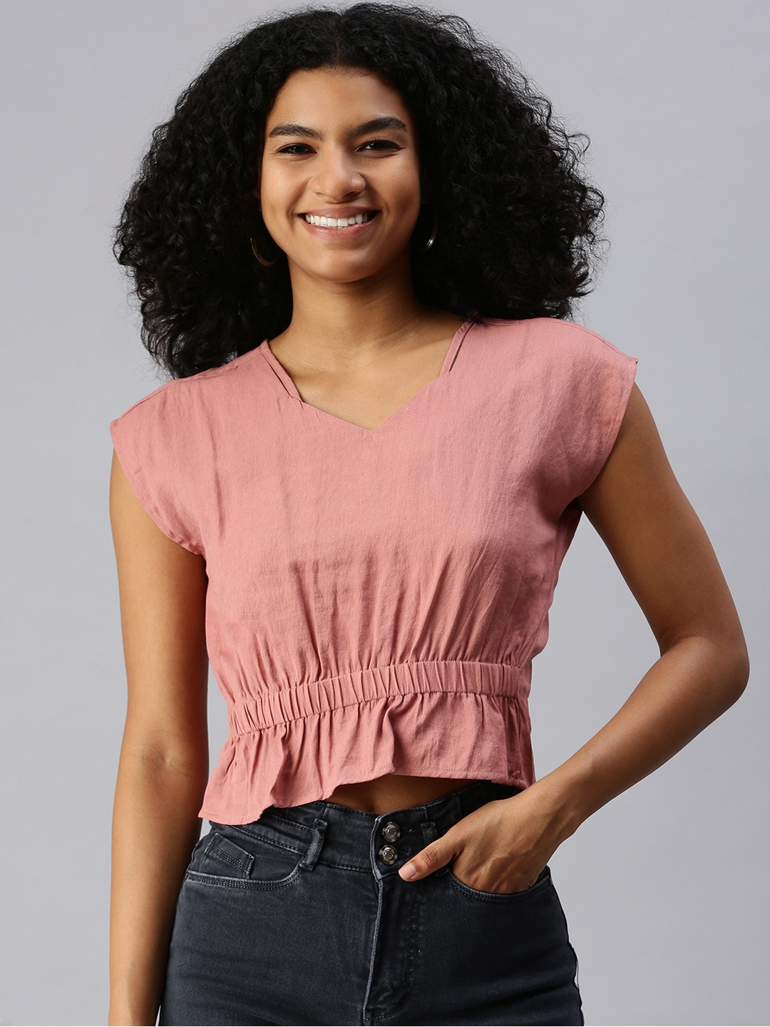 

SHOWOFF Peach-Coloured Extended Sleeves Cinched Waist Crop Top