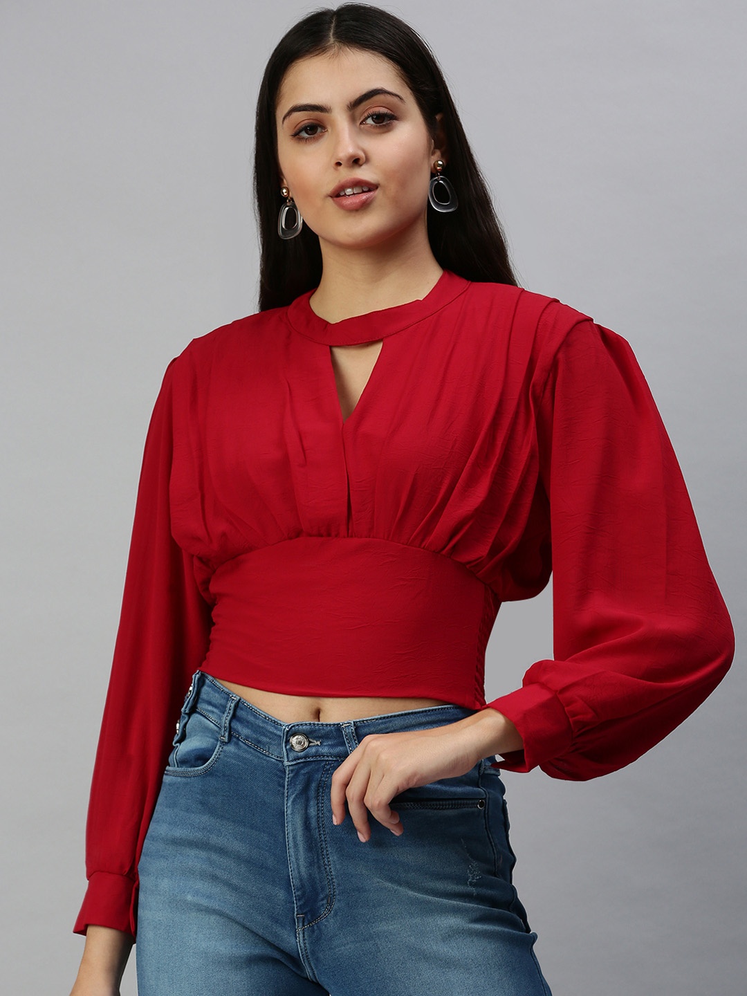 

SHOWOFF Women Red Keyhole Neck Georgette Bardot Crop Top