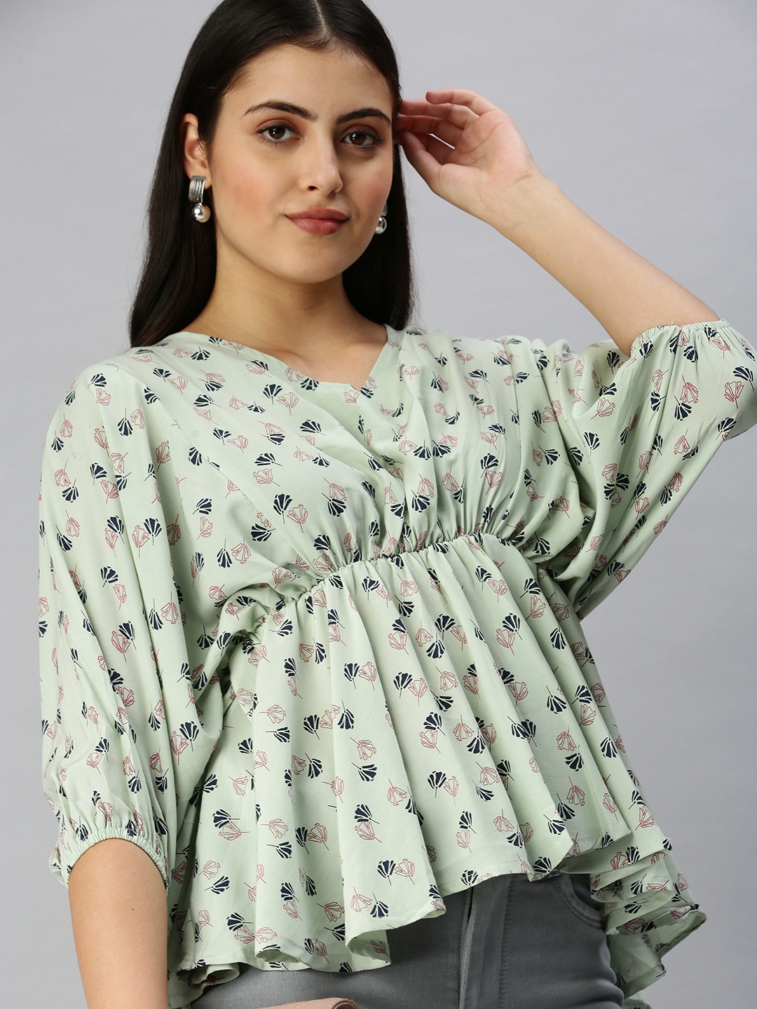 

SHOWOFF Women Green Floral Print Crepe Empire Top