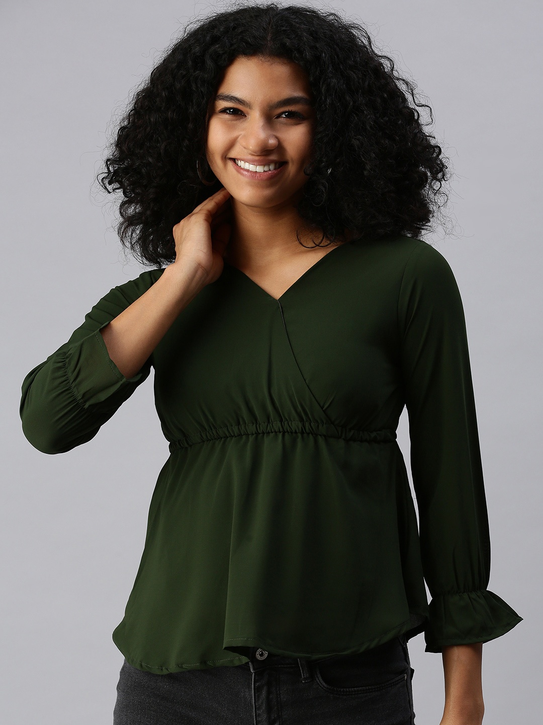 

SHOWOFF Olive Green Crepe Cinched Waist Top