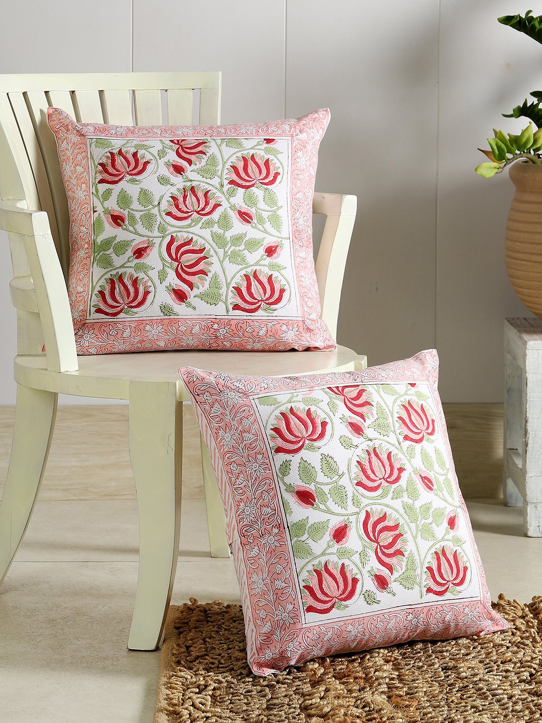 

HANDICRAFT PALACE White & Pink Set of 2 Floral Square Cushion Covers