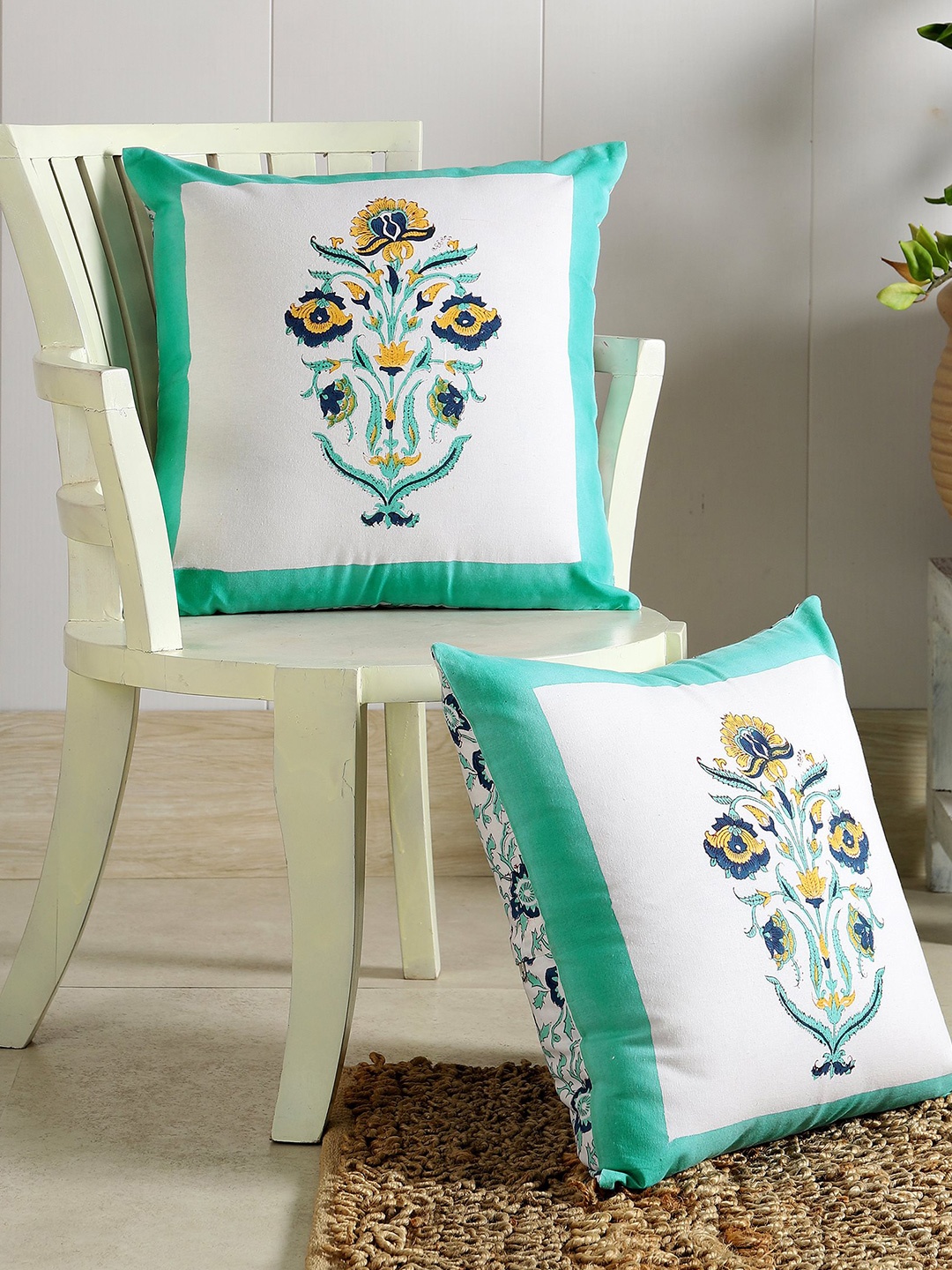 

HANDICRAFT PALACE White & Yellow Set of 2 Square Cushion Covers