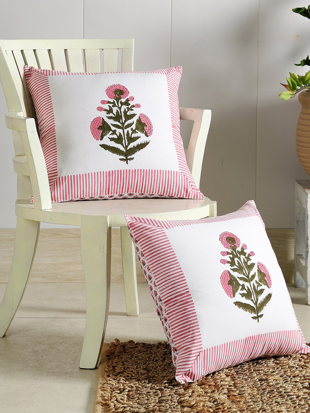 

HANDICRAFT PALACE White & Pink Set of 2 Floral Square Cushion Covers