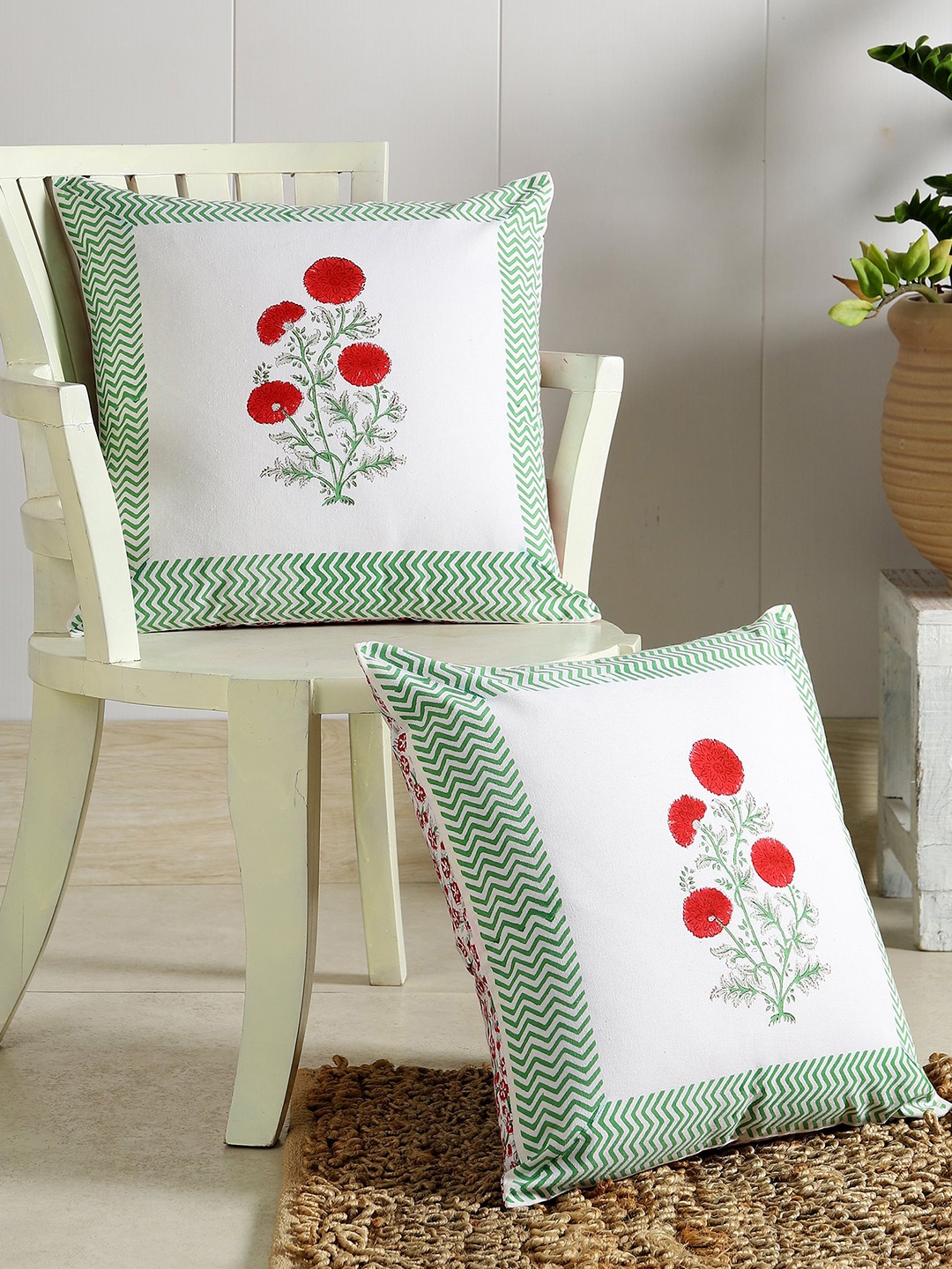 

HANDICRAFT PALACE White & Red Set of 2 Square Cushion Covers