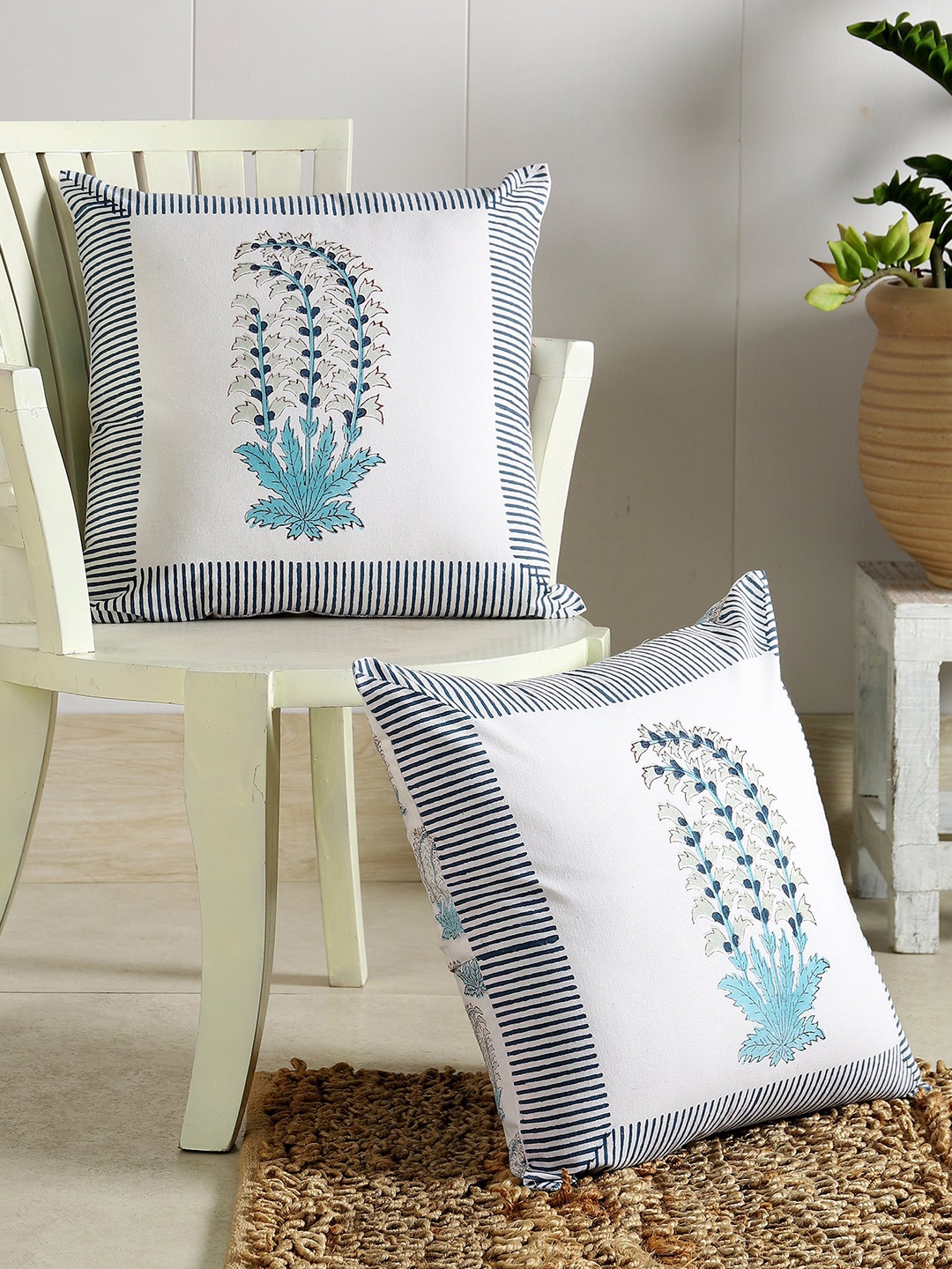 

HANDICRAFT PALACE White & Blue Set of 2 Square Cushion Covers