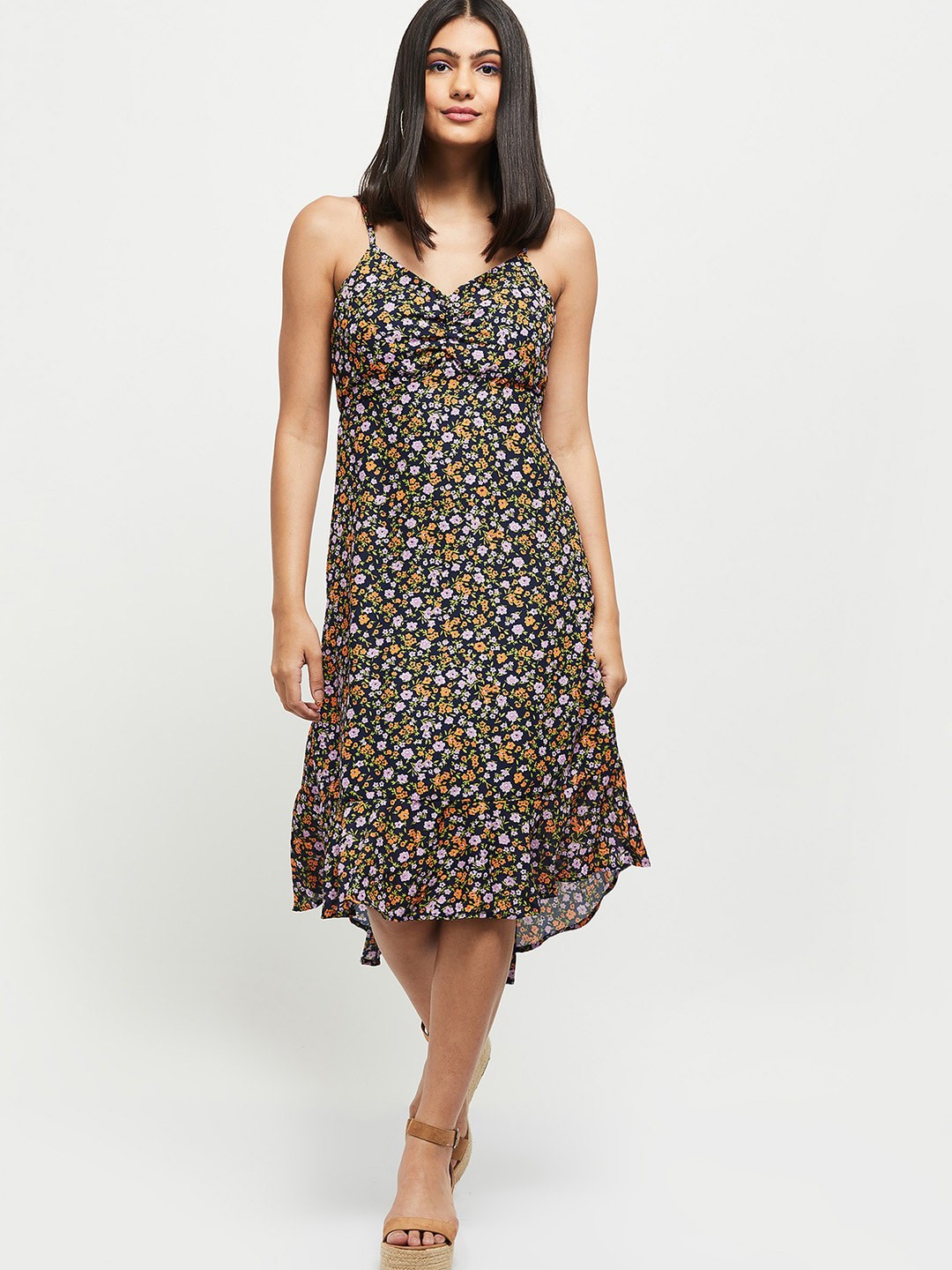 

max Navy Blue Floral Midi Dress