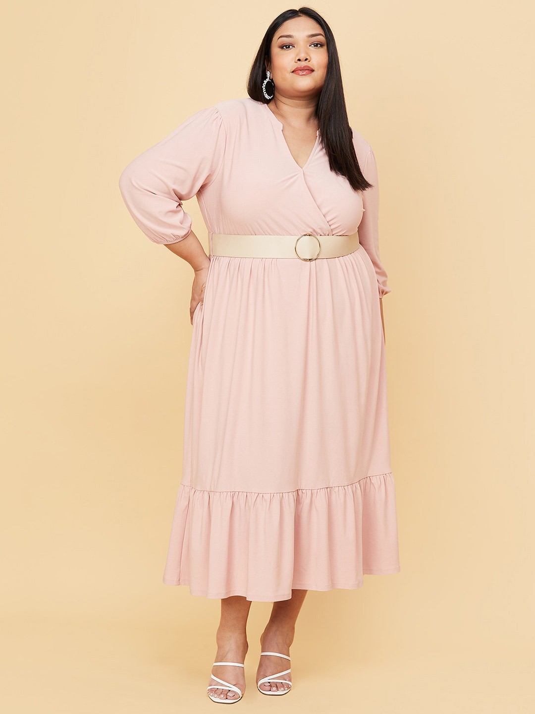 

max Women Plus Size Pink Solid Puff Sleeves Midi Fit Flare Dress