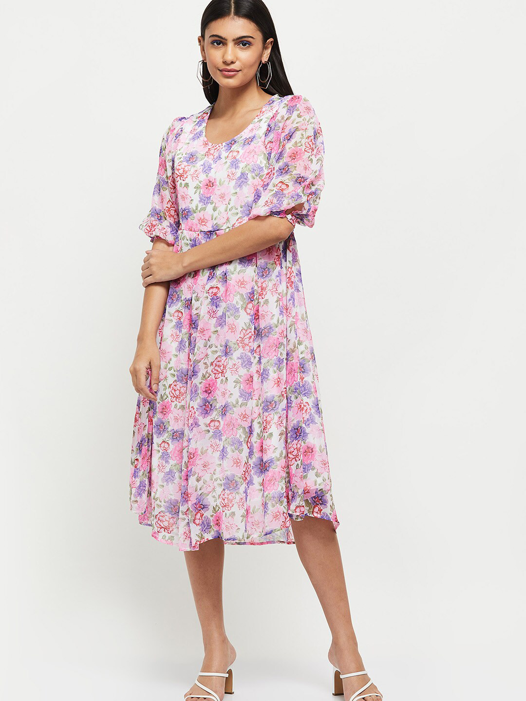 

max Women White & Pink Floral Midi Dress