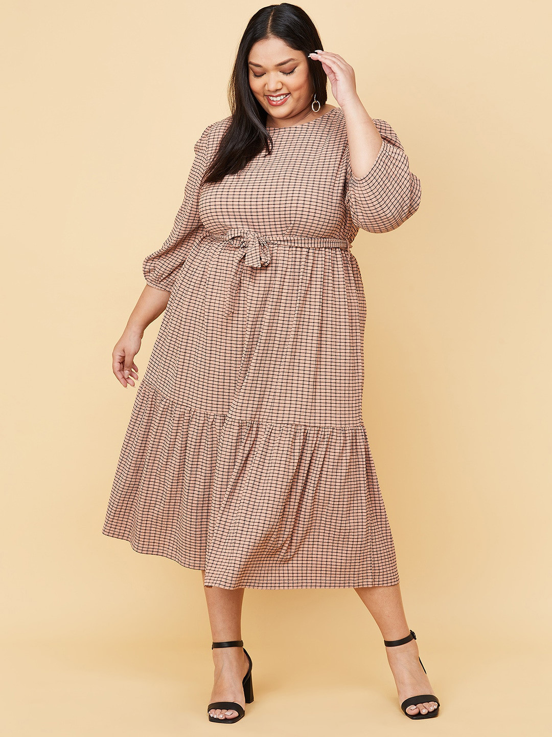 

max Plus Size Peach-Coloured & Black Checked A-Line Midi Dress