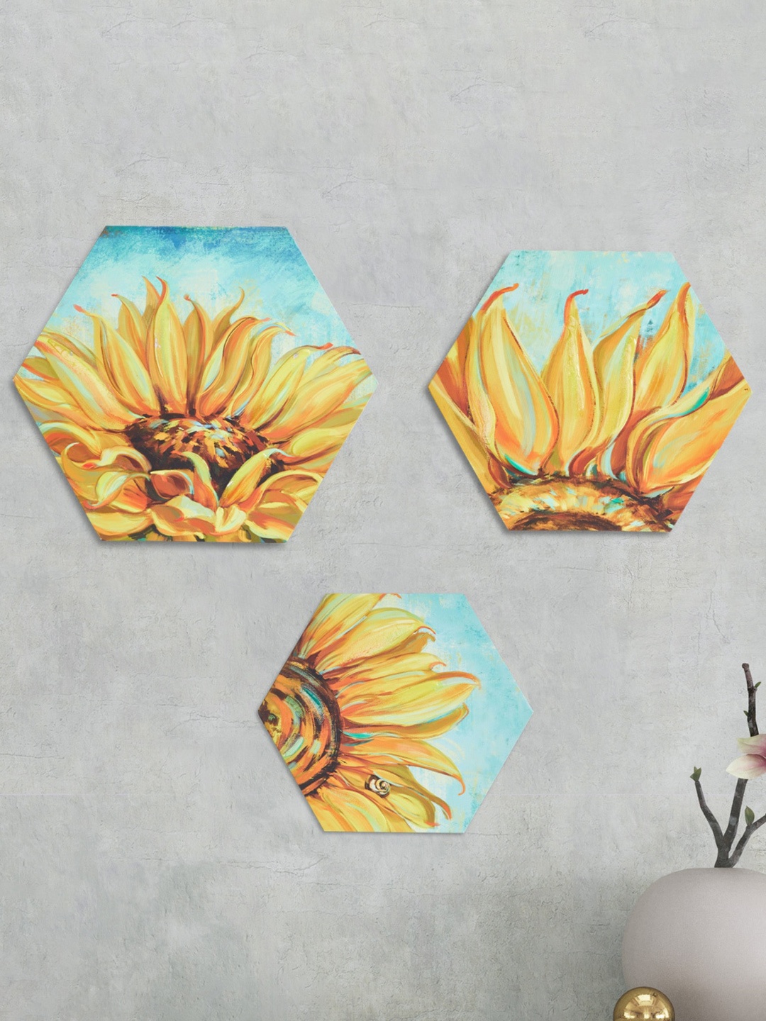 

Home Centre Set of 3 Yellow & Turquoise Blue Wooden Sunflower Printed Wall Picture Frames