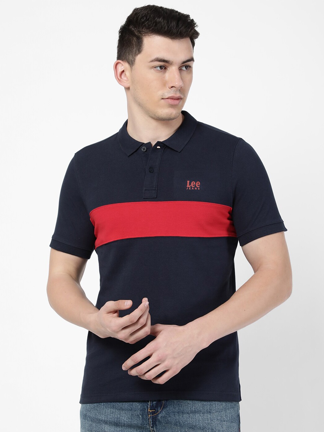 

Lee Men Blue Colourblocked Polo Collar Slim Fit Cotton T-shirt