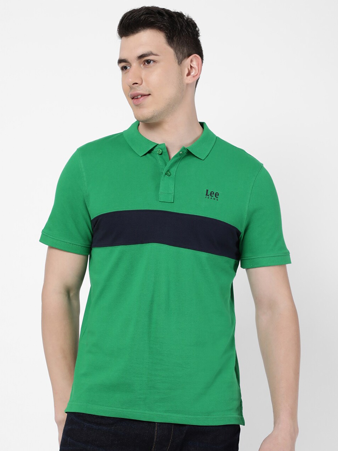 

Lee Men Green Striped Polo Collar Slim Fit Cotton T-shirt