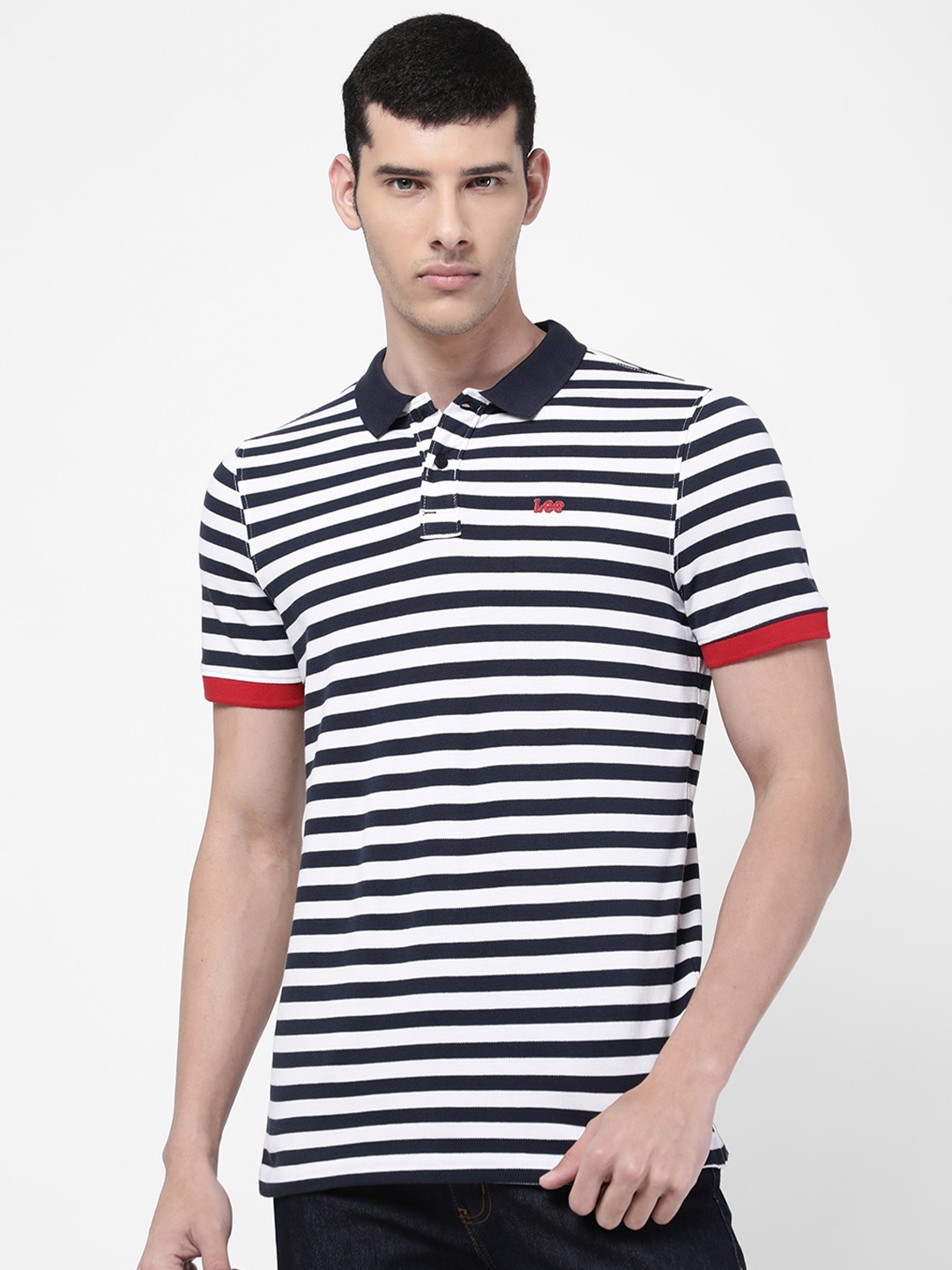 

Lee Men Navy Blue Striped Polo Collar Slim Fit Cotton T-shirt
