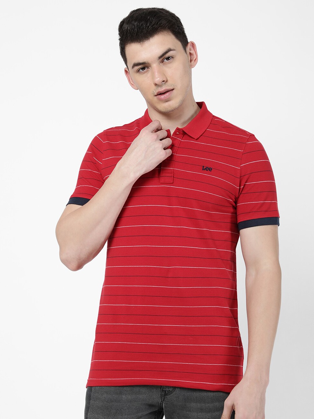 

Lee Men Red Striped Polo Collar Slim Fit Cotton T-shirt