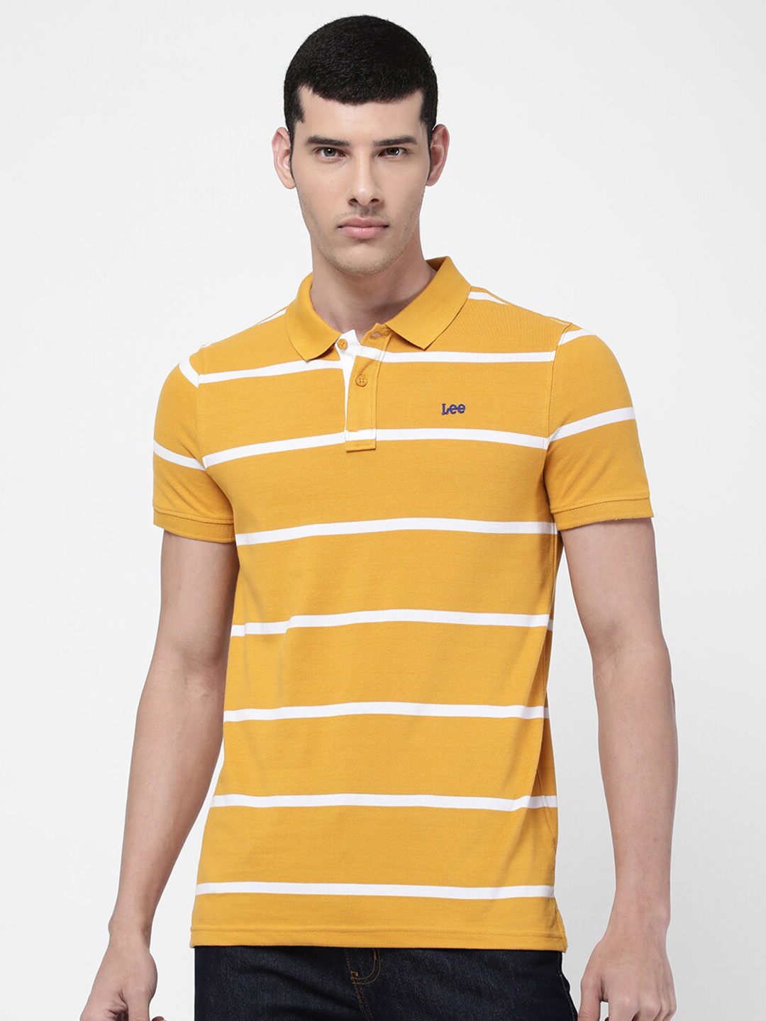 

Lee Men Yellow Striped Polo Collar Slim Fit Cotton T-shirt