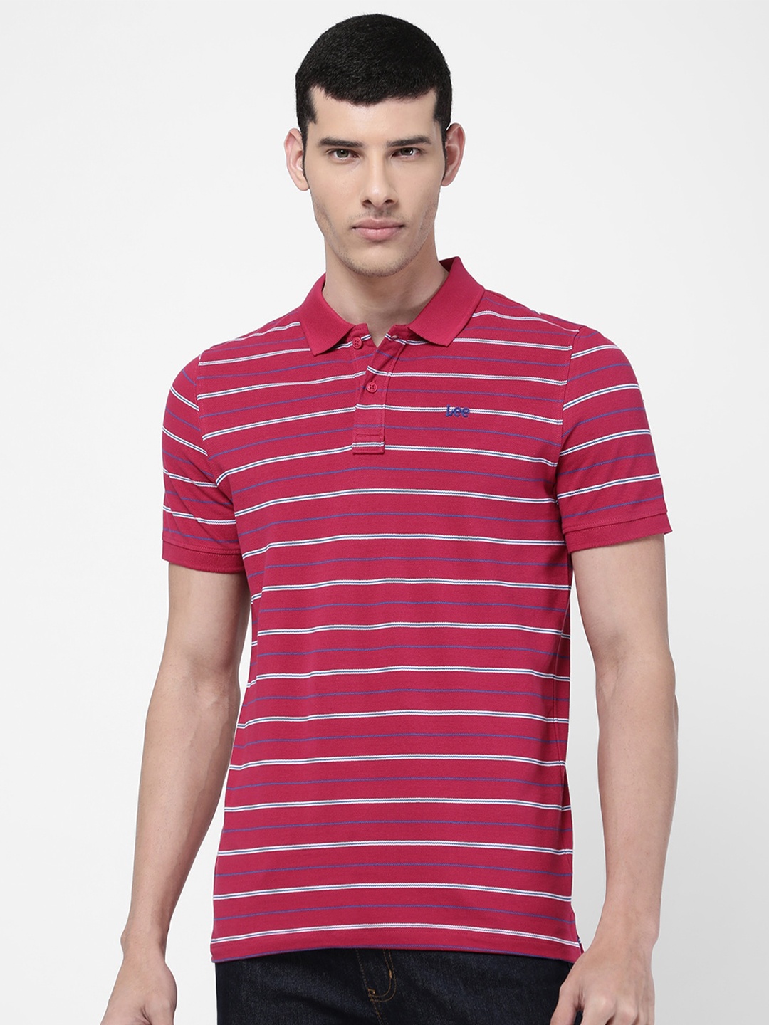 

Lee Men Red Striped Polo Collar Slim Fit Cotton T-shirt