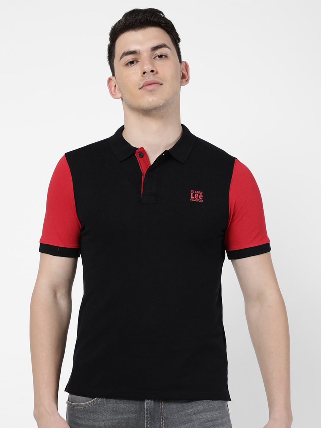 

Lee Men Black Colourblocked Polo Collar Slim Fit Cotton T-shirt