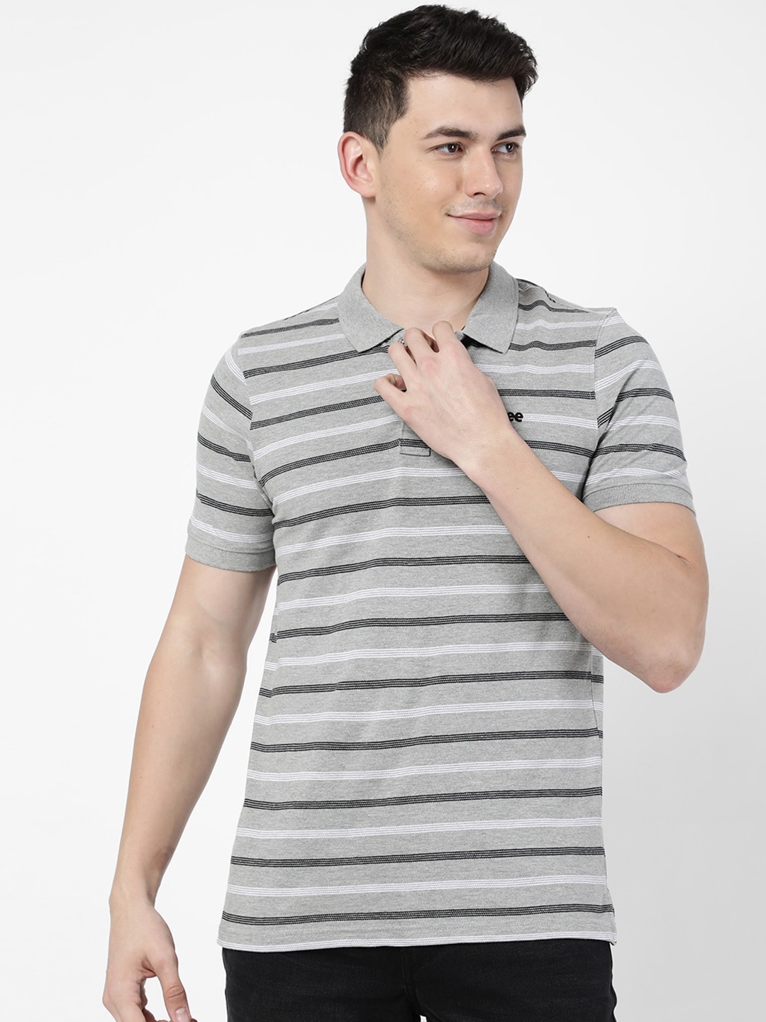 

Lee Men Grey Striped Polo Collar Slim Fit Cotton T-shirt