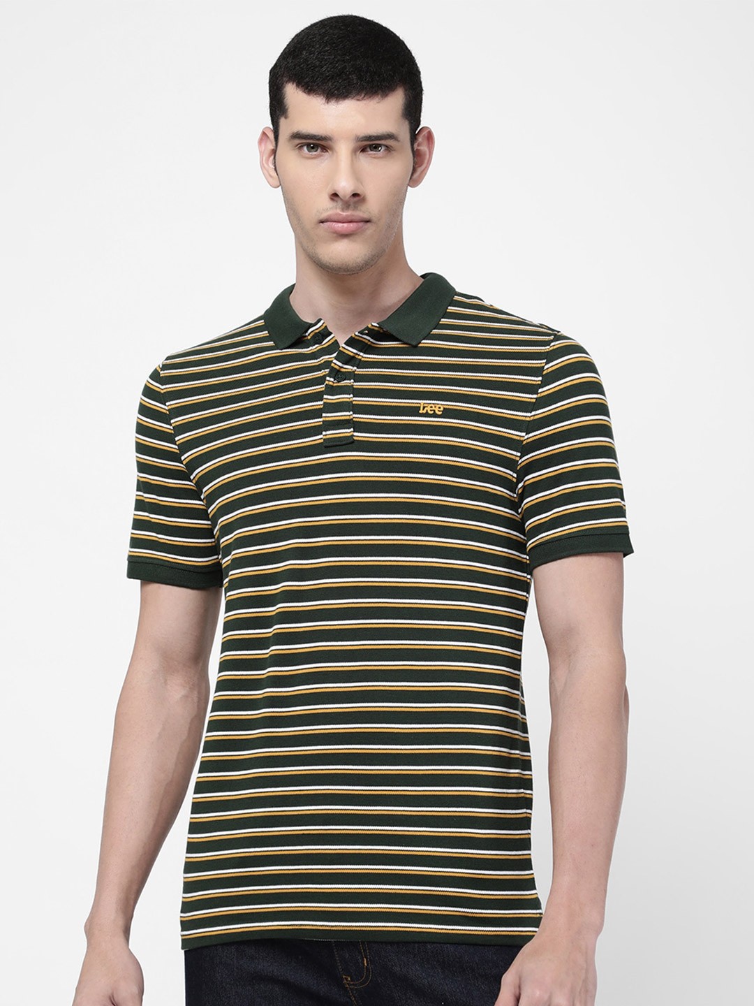 

Lee Men Green Striped Polo Collar Slim Fit Cotton T-shirt