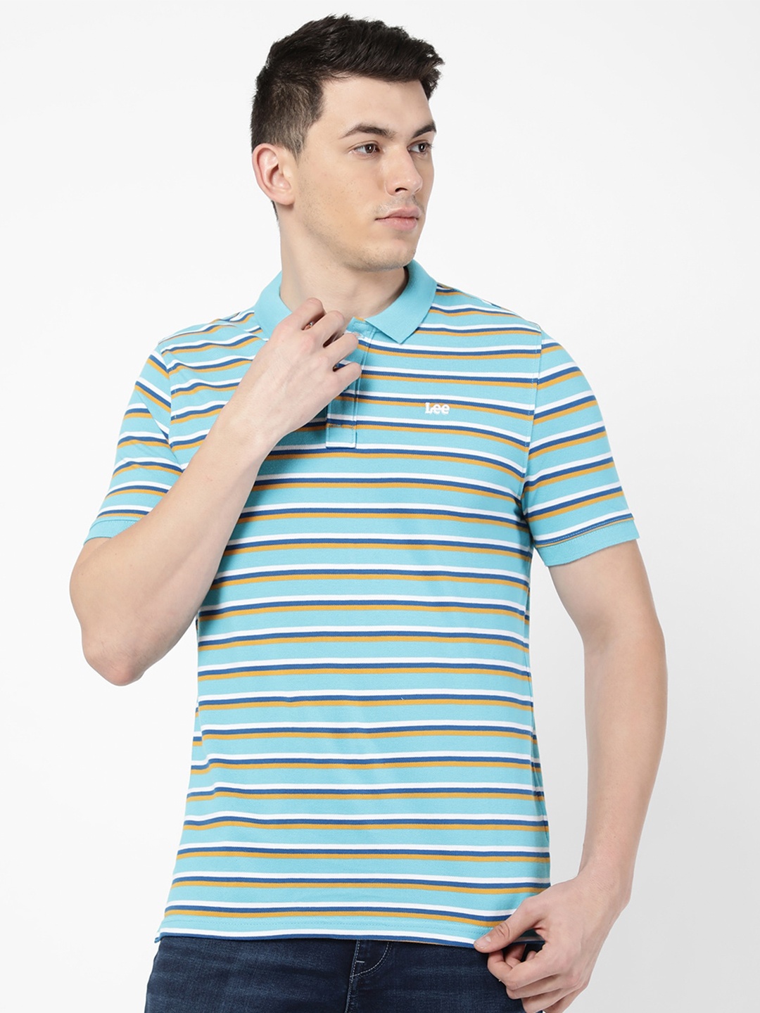 

Lee Men Blue Striped Polo Collar Slim Fit Cotton T-shirt