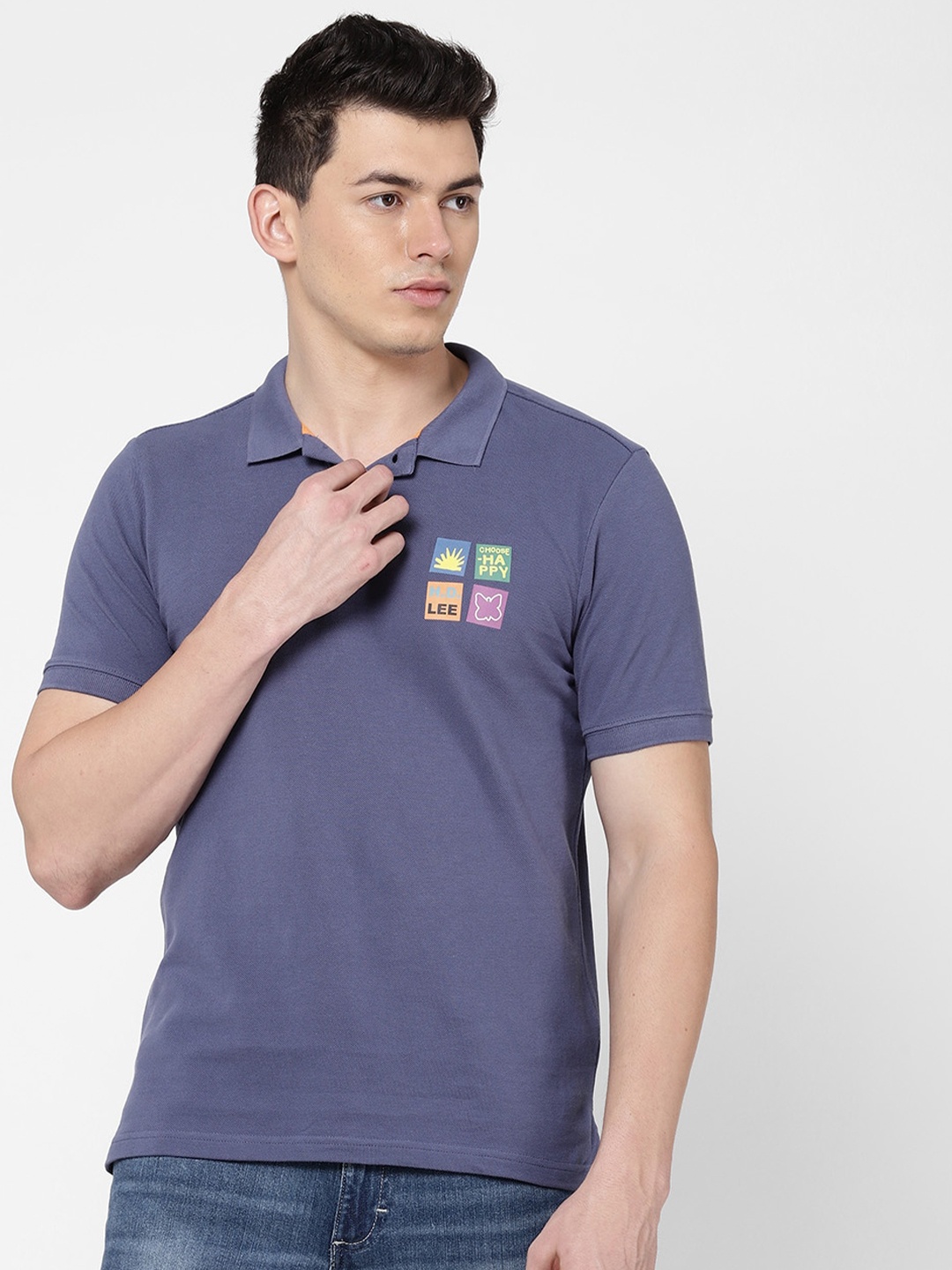 

Lee Men Blue Polo Collar Slim Fit Cotton T-shirt
