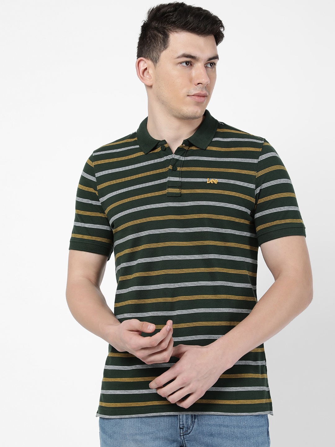 

Lee Men Green & White Striped Polo Collar Slim Fit Cotton T-shirt