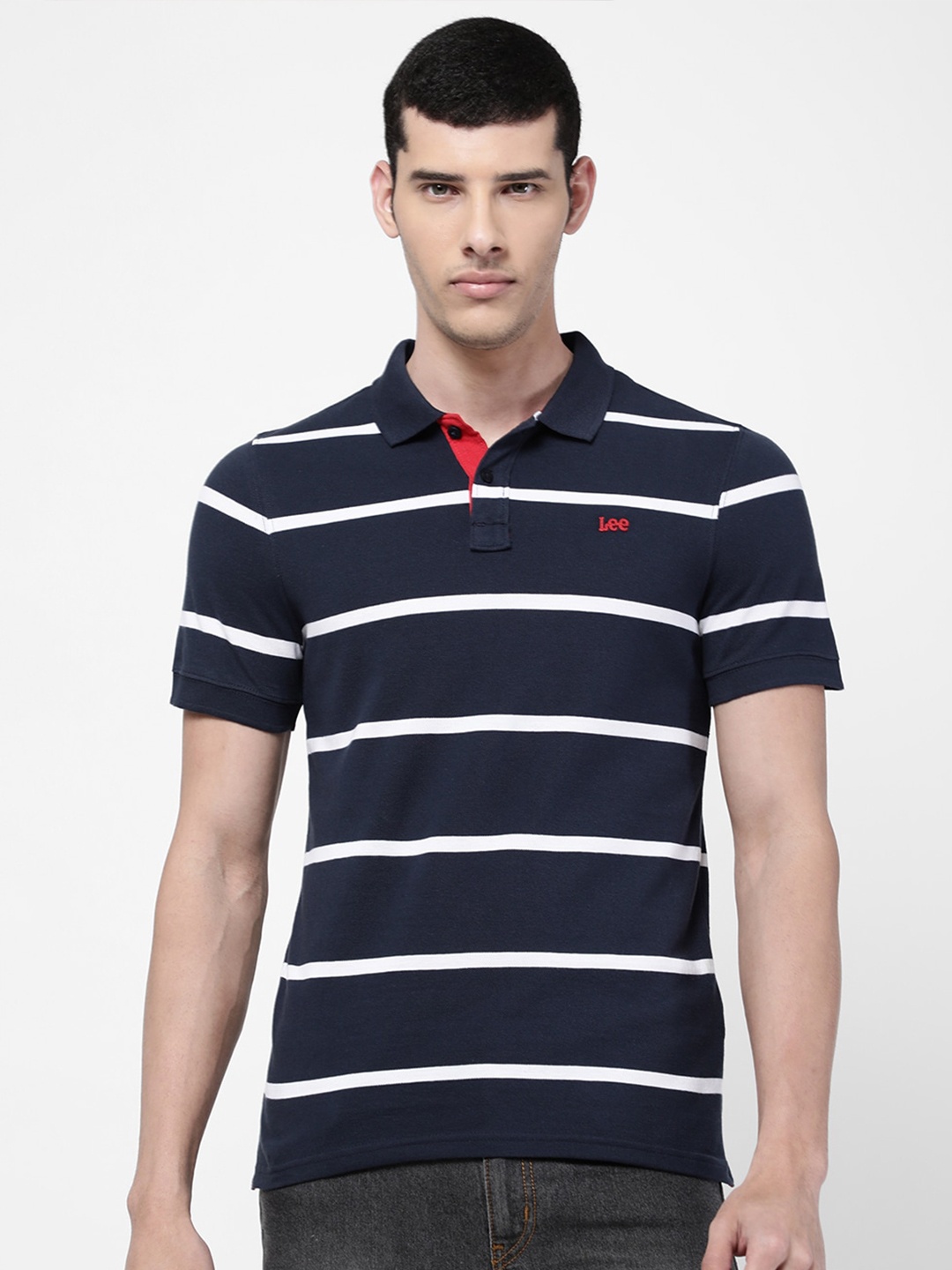 

Lee Men Navy Blue & White Striped Polo Collar Slim Fit Cotton T-shirt