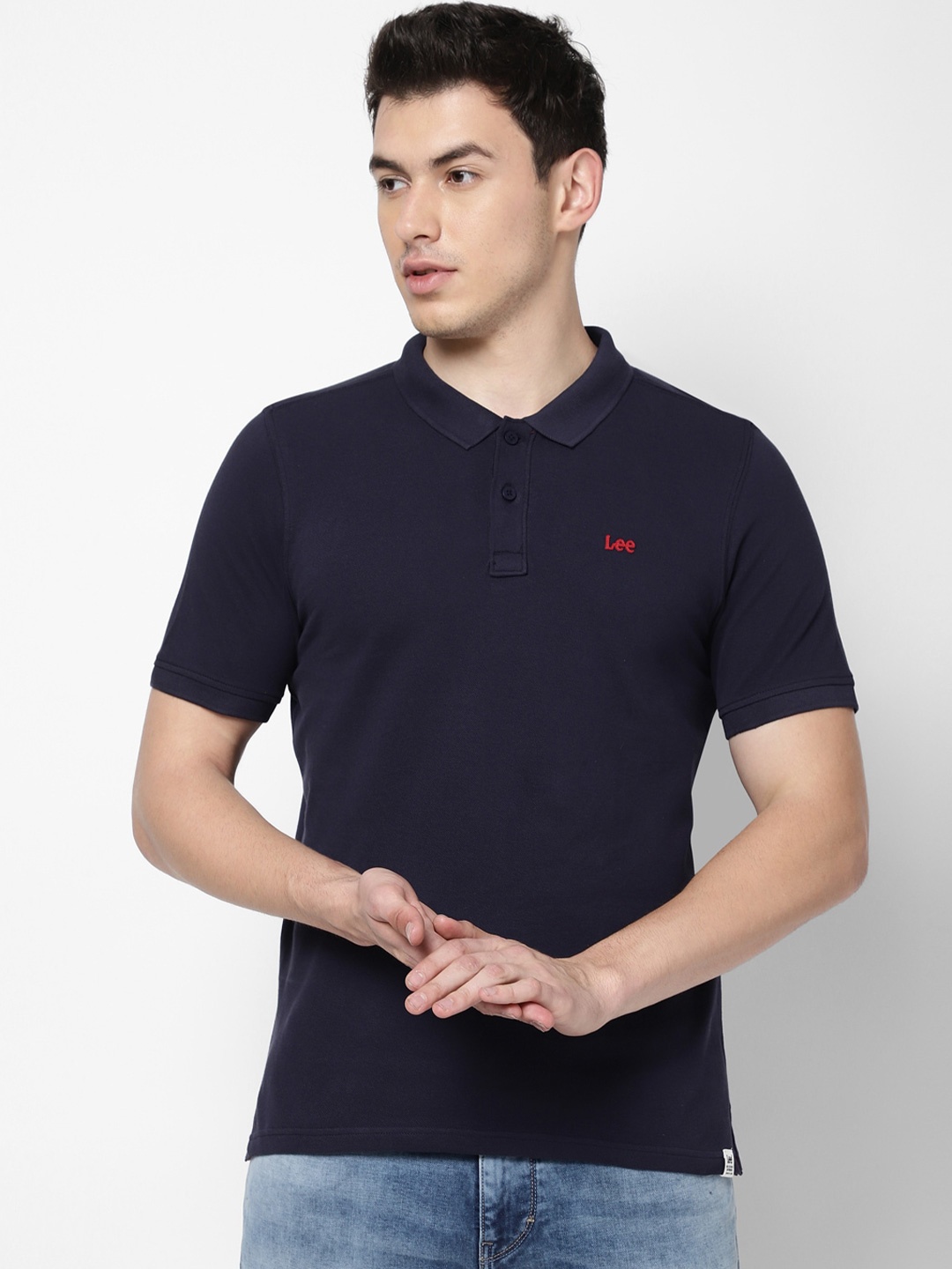 

Lee Men Navy Blue Polo Collar Slim Fit Cotton T-shirt