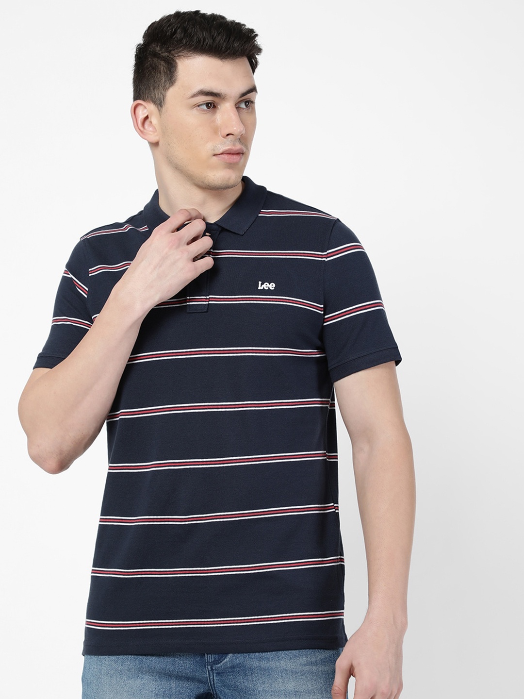 

Lee Men Navy Blue Striped Polo Collar Slim Fit Cotton T-shirt