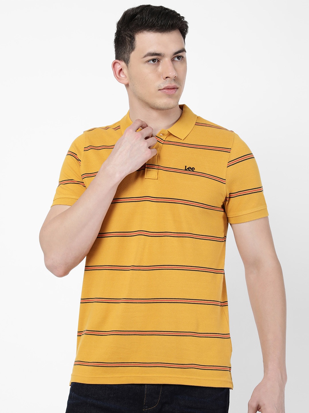 

Lee Men Mustard Yellow Striped Polo Collar Slim Fit Cotton T-shirt