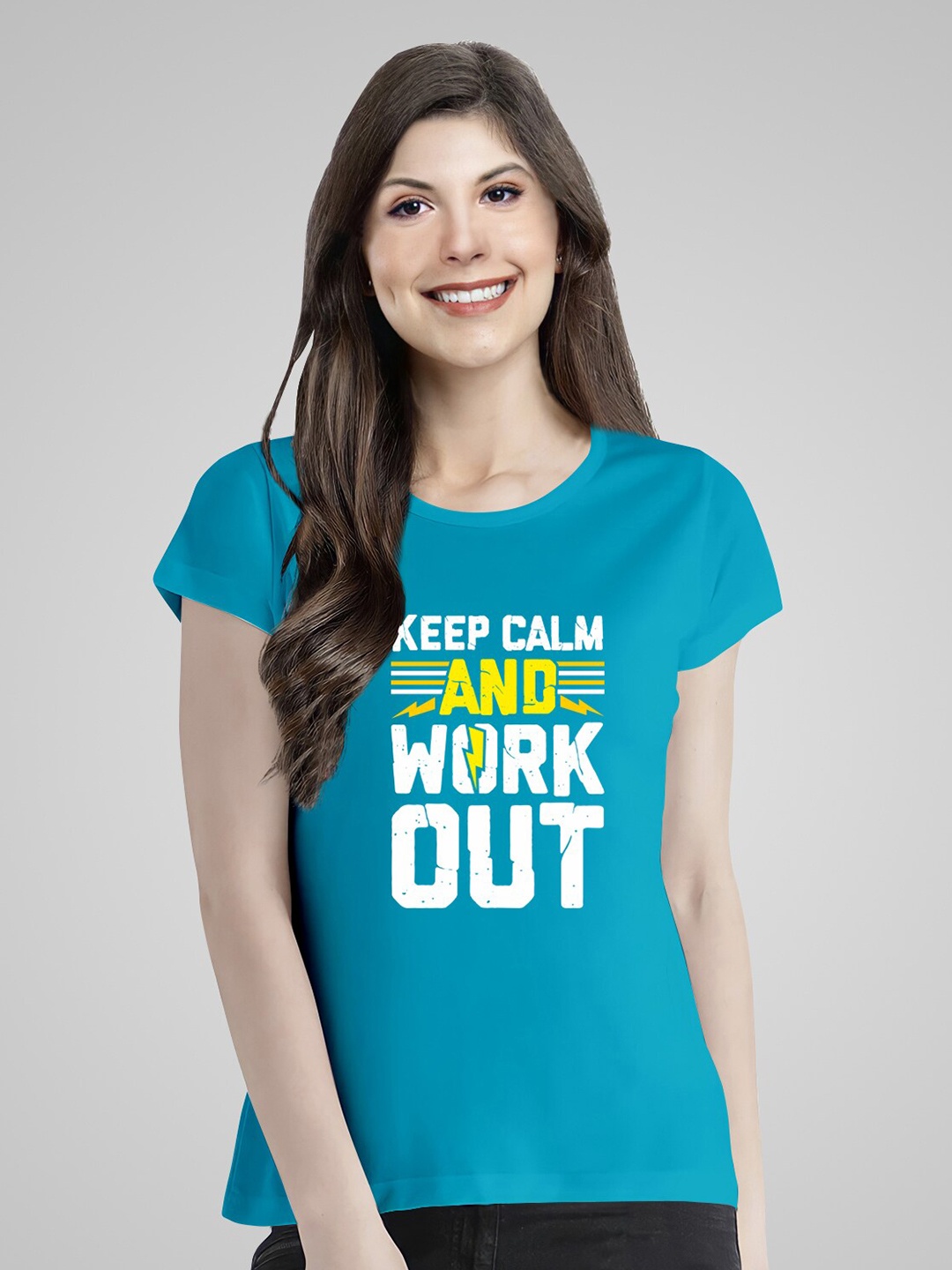 

Pootlu Women Turquoise Blue Typography Printed Cotton T-shirt